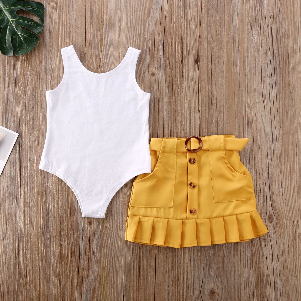2 stk småbørn børn baby pige tøj sæt ærmeløs solid vest romper gul plisseret nederdel sommer outfit sæt