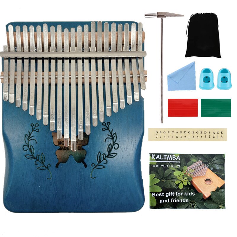 Piano de pulgar Kalimba 17 teclas, con bolsa de caoba martillos y partituras, muy adecuado para amantes de la música y niños: Blue 21 tone set A