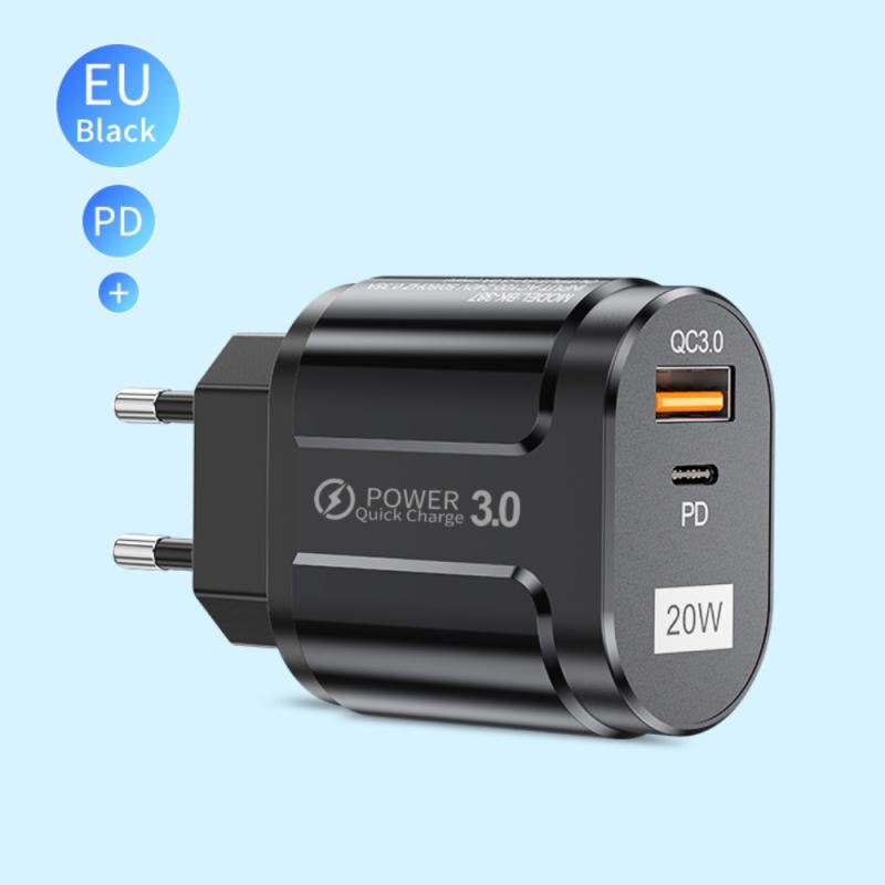 20W PD USB Type C Quick Charger Adapter For IPhone 12 11 Pro For Samsung S20 Fast Charging EU US Plug Travel Power Adapter: EU black