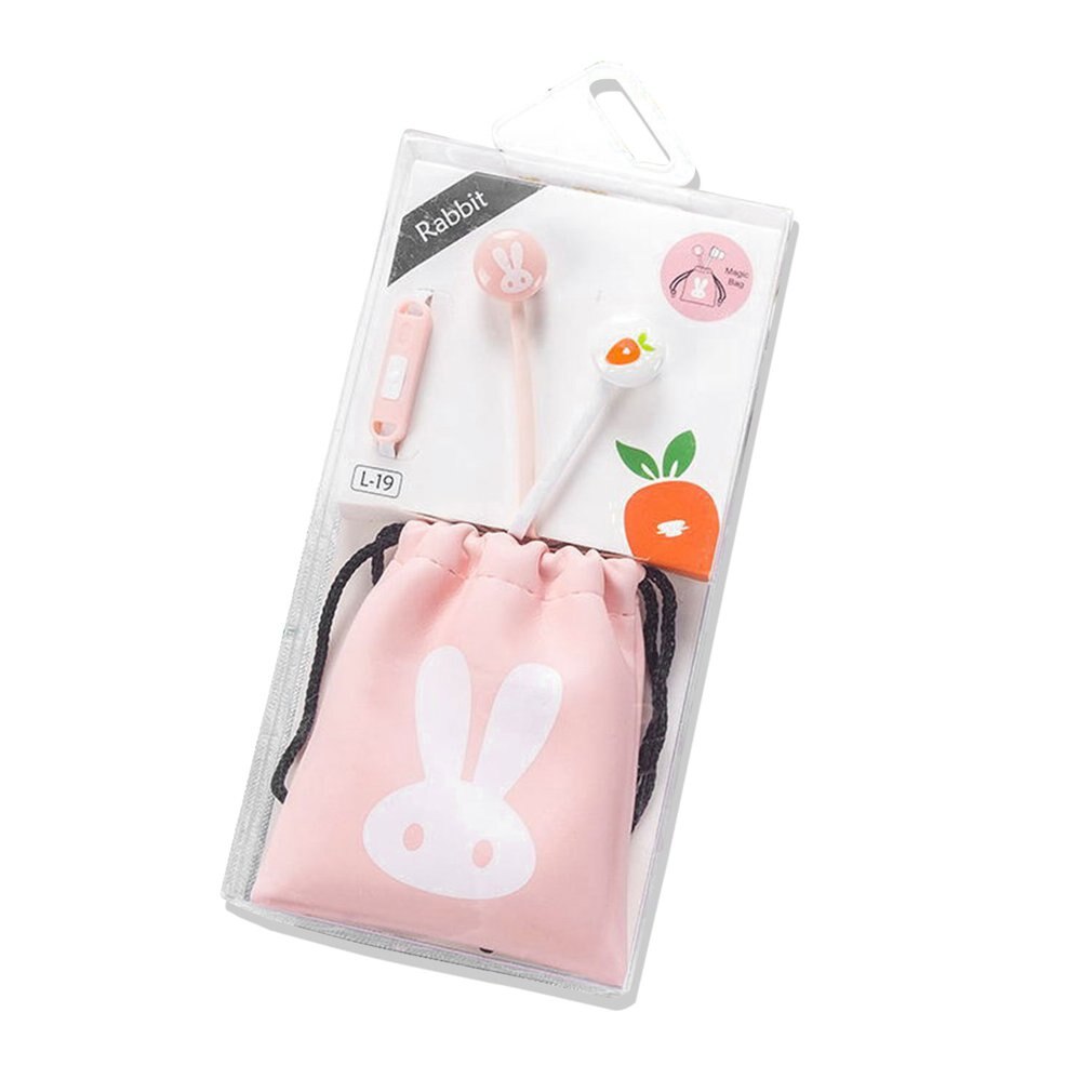 Korean Cartoon Rabbit In-Ear Headphones With Storage Bag Small Headset With Microphone For Apple And Android Systems: Pink