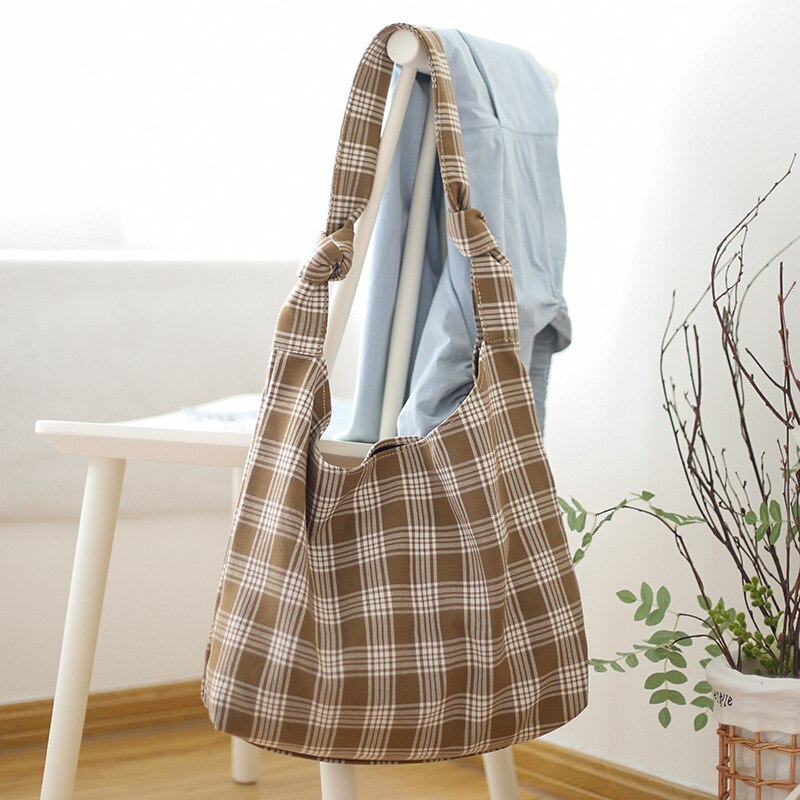 Preppy stijl tiener tweed betaalde boho handtas vrouwelijke casual grote capaciteit stof zachte dagelijkse school boeken shopper over schoudertas: Khaki