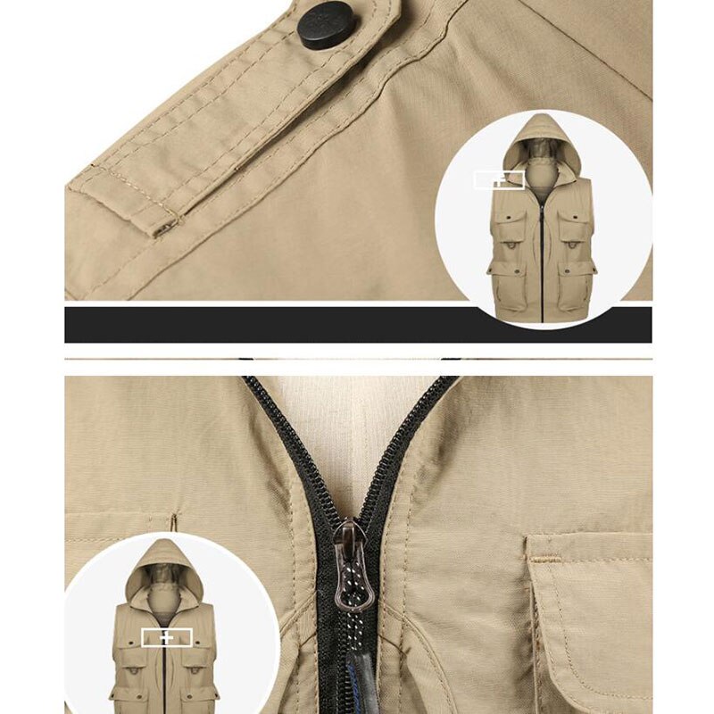 Quick Drying Photography Reporter Vest For Male Removable Back Multi Pockets Hooded Waistcoat Hiking Fishing Jackets Size L-XXXL
