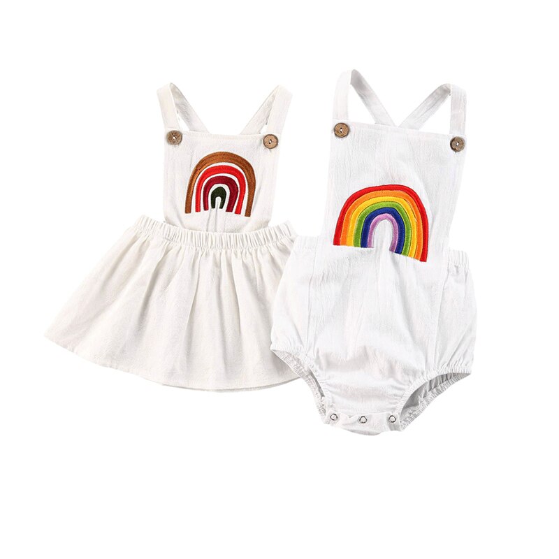 0-24m recém-bonito infantil bebê meninas meninos macacão/vestido arco-íris impressão sem mangas branco macacões outfits