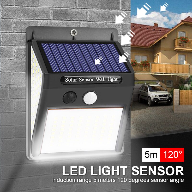 100 led zonne-energie buitenlamp met pir-bewegingssensor, op zonne-energie werkende straatverlichting voor tuindecoratie, 144 waterdichte