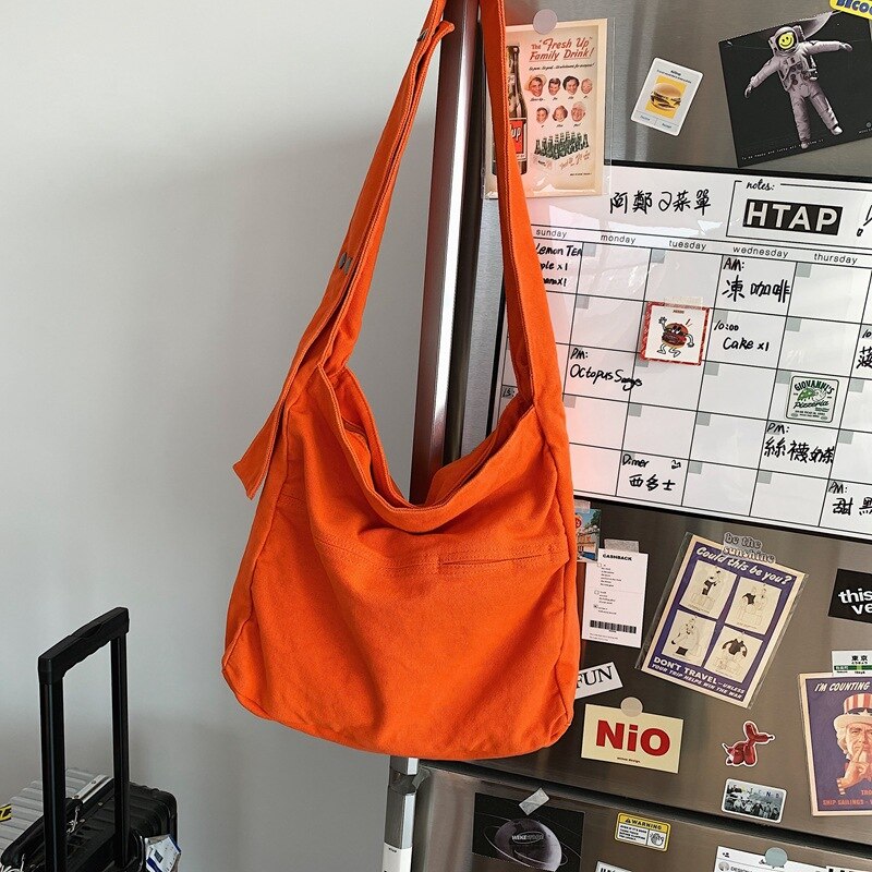 Sac Hobo en toile pour adolescent, sac en coton réutilisable pour étudiant en ecologie, sacoche élégante pour tous les jours à la coréenne: Orange