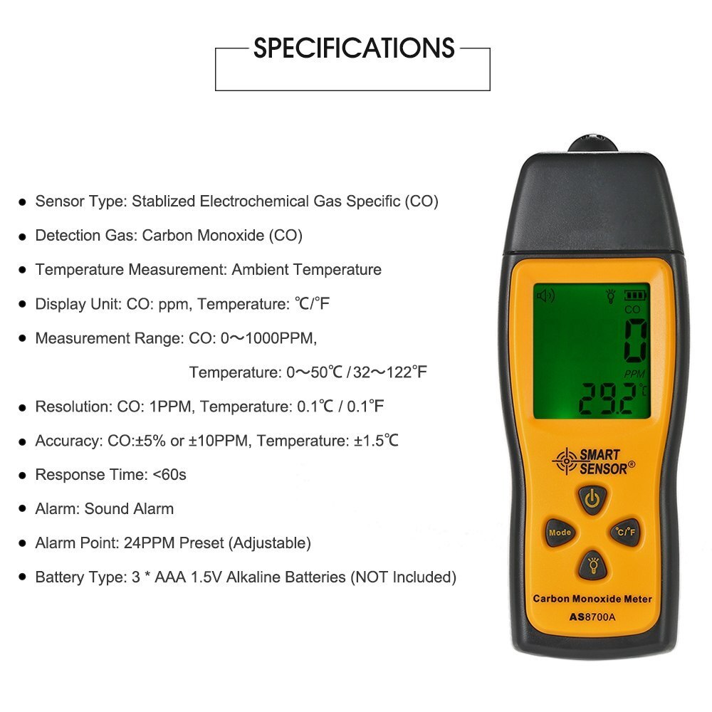Co gasanalysator mini kuliltemåler tester gasdetektor monitor lcd diaplay lyd + lys alarm 0-1000 ppm