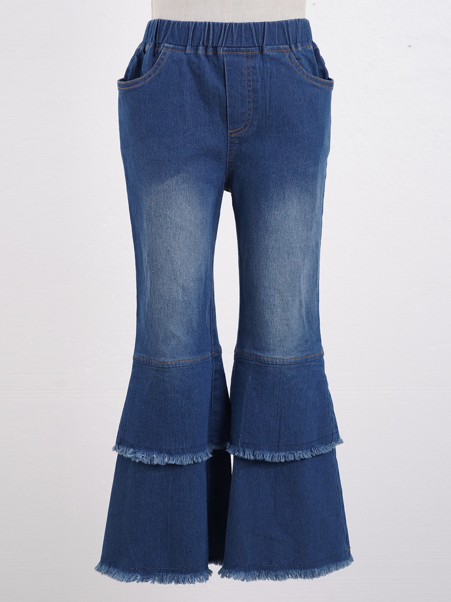 Girls Raw Hem Flare Leg Jeans Tiered Bell-bottom Denim Pants with Multiple Pockets Kids Clothing 6 8 10 12 14 Years