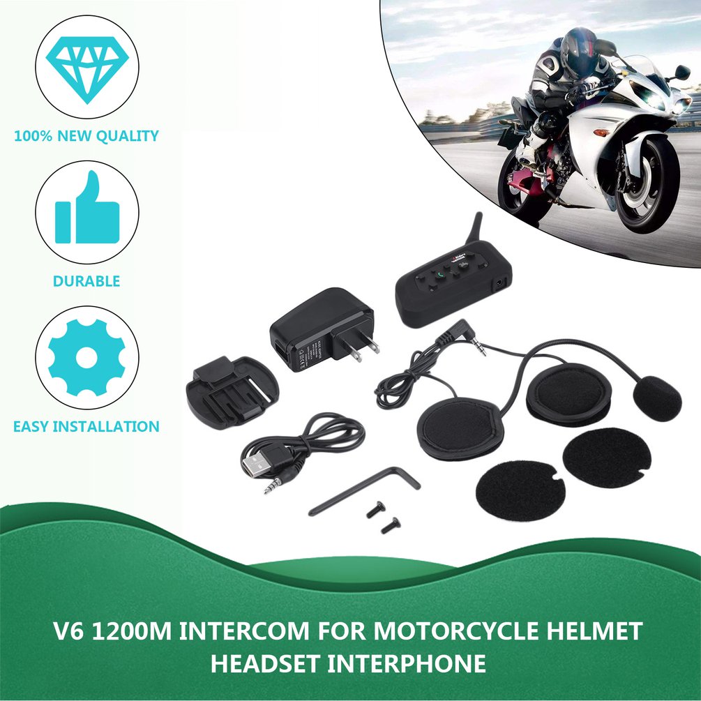 V6 Helmet Intercom 6 Riders 1200M Motorcycle Intercom Headset Walkie Talkie Helmet BT Interphone Plug