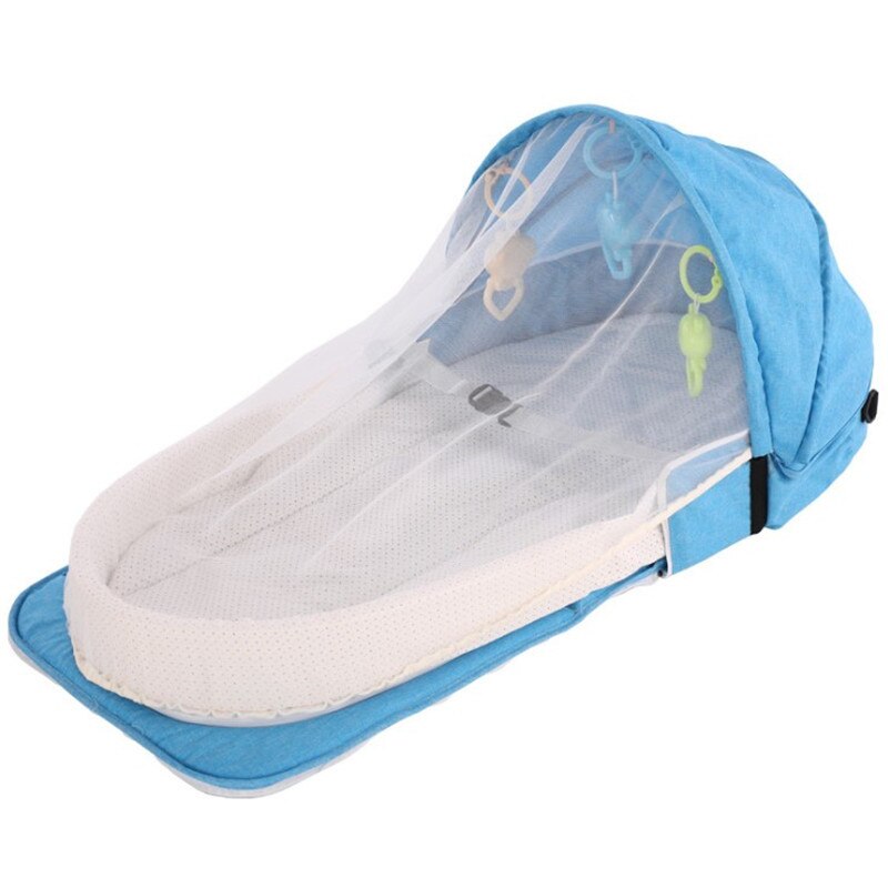 Bærbar bassinet til baby seng rejser sammenfoldelig solbeskyttelse myggenet åndbar spædbarn sovekurv (inkluderer gratis legetøj): Himmelblå
