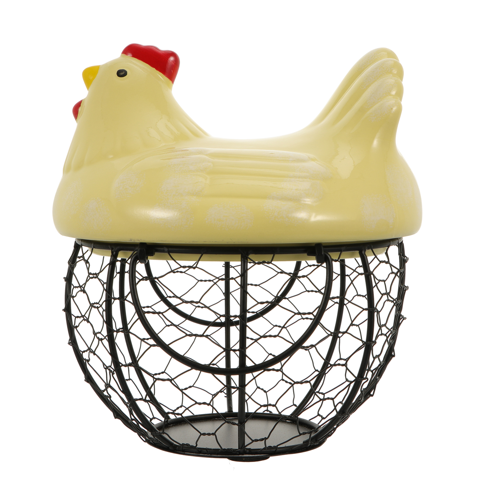 Chicken Shape Ceramic Chicken Shaped Lid with Round Wire Basket Base and Handles Egg Holder Home Storage Basket Holder: Yellow