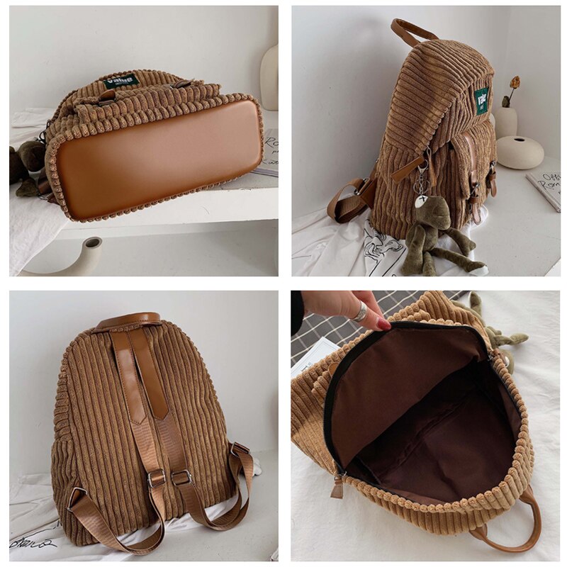 DORANMI Corduroy Schoolbag Women's Backpack Winter Female Rucksack Small Book Back Bags Striped Mochila Shoulder Bags BG307