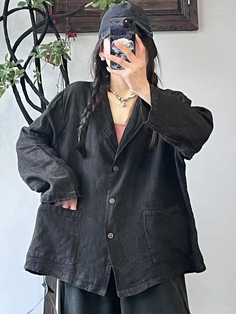 Amaxlulue sommar koreansk kavaj dam löst sittande linnejackor damer vintage casual ytterkläder lyxiga bomullskappor: Svart