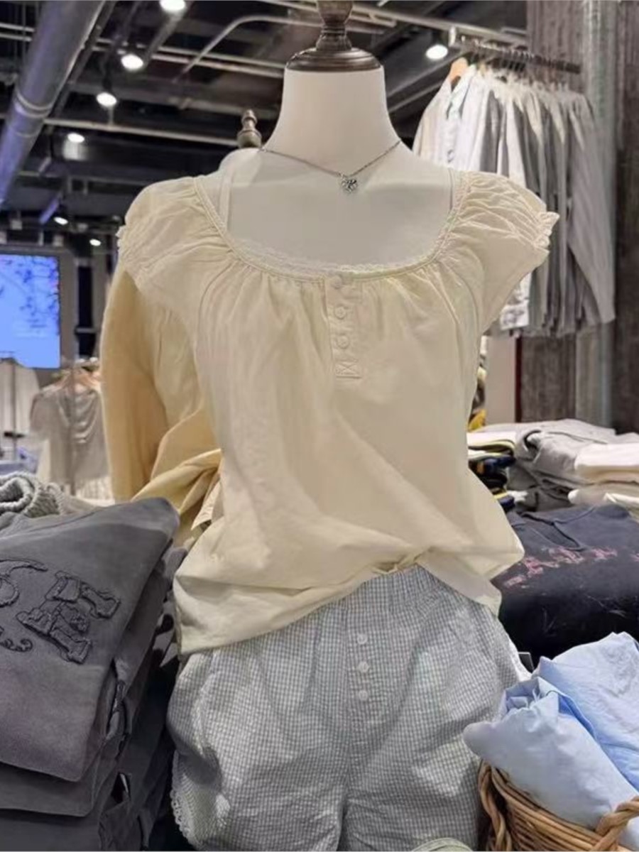 Gule t-shirts med snøre og flæseærmer til kvinder, sommer, enkle, afslappede, hør-bomuld, u-hals, knapper, søde, preppy-stil t-shirts