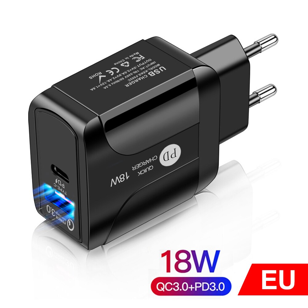 AIXXCO-cargador USB de pared para móvil, Cargador USB de carga rápida 3,0 QC 18W PD QC3.0, para Samsung, Xiaomi, iPhone 8 11: EU-PD-BLACK