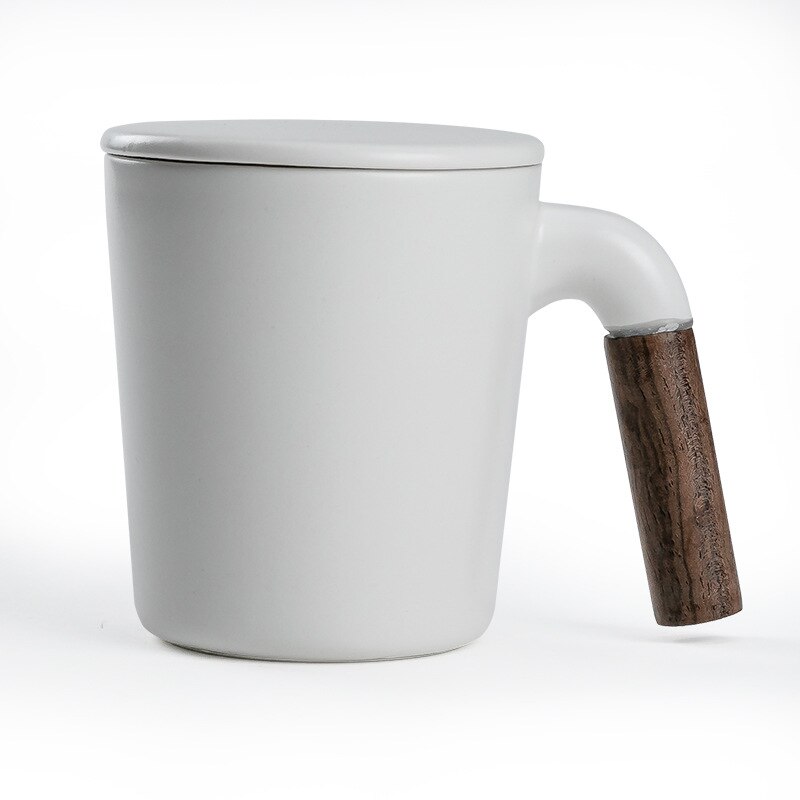 Ceramic Cup Simple Cup With Lid Wooden Insulated Handle Black And White Ceramic Milk Coffee Drink Cup Coffee Appliance