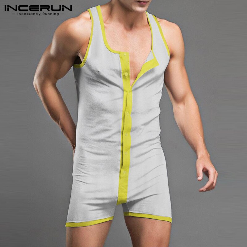 INCERUN Patchwork Onesies Casual Button Jumpsuit Sleepwear Men Sleeveless Romper Pajamas Summer Man Fitness Homewear 5XL