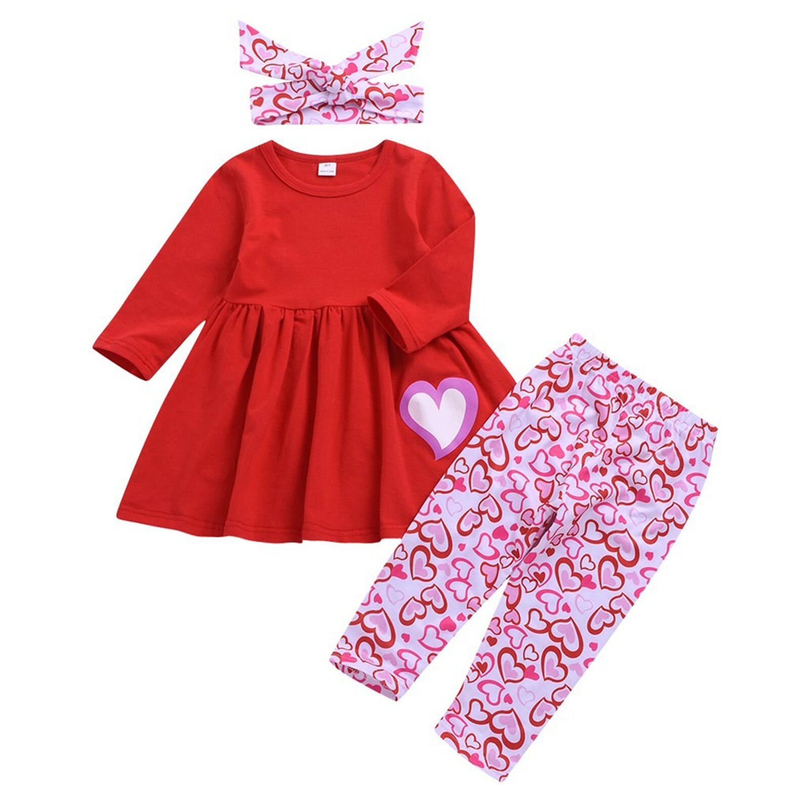Valentijnsdag Kids Meisjes 3 Stuk Outfit Set Lange Mouwen Heart Print Tops + Broek + Hoofdband Set