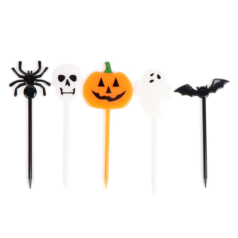 Juego de 10 unidades de comida para Halloween, fruta, tenedor de dibujos animados, pastel, palillo de dientes para postre, almuerzo, decoración de