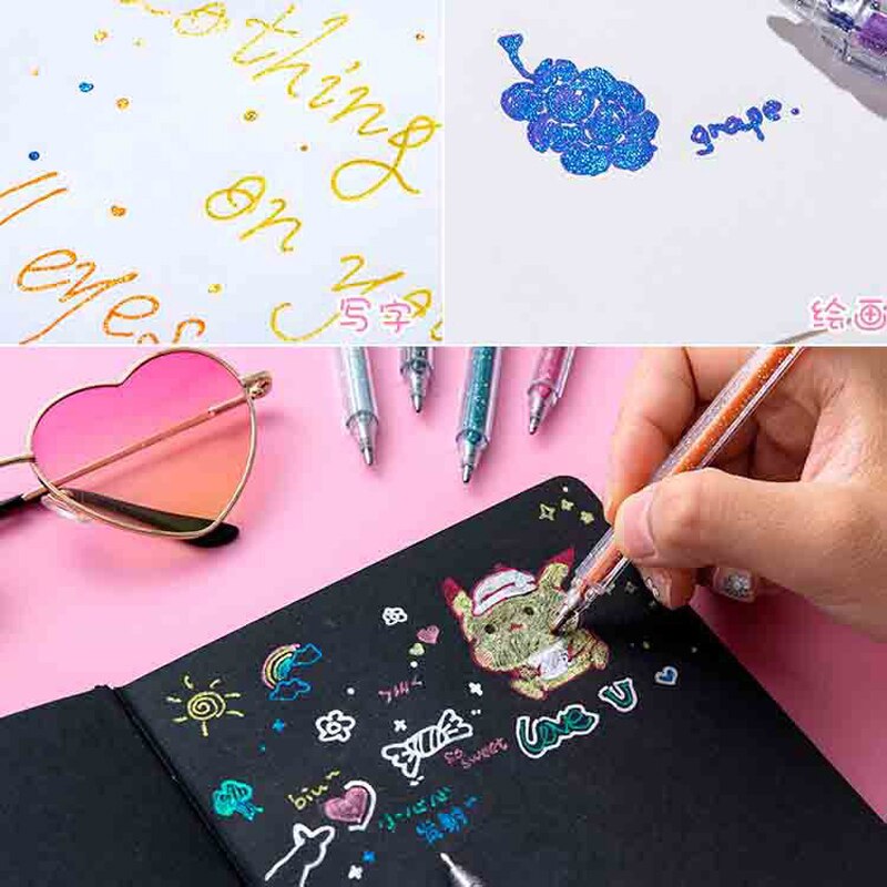 8 farver/sæt glitter pen highlighter farve skiftende flash markør gel penne tegning scrapbog album journal gør det selv brevpapir skole