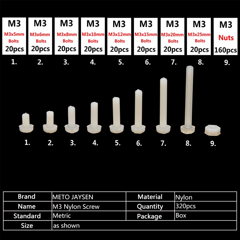 M3 Nylon Phillips Schroef Bouten Hex Moeren Ringen Set Wit Plastic Kleine Schroeven Assortiment Kit 320 Stks/set M3NLB198