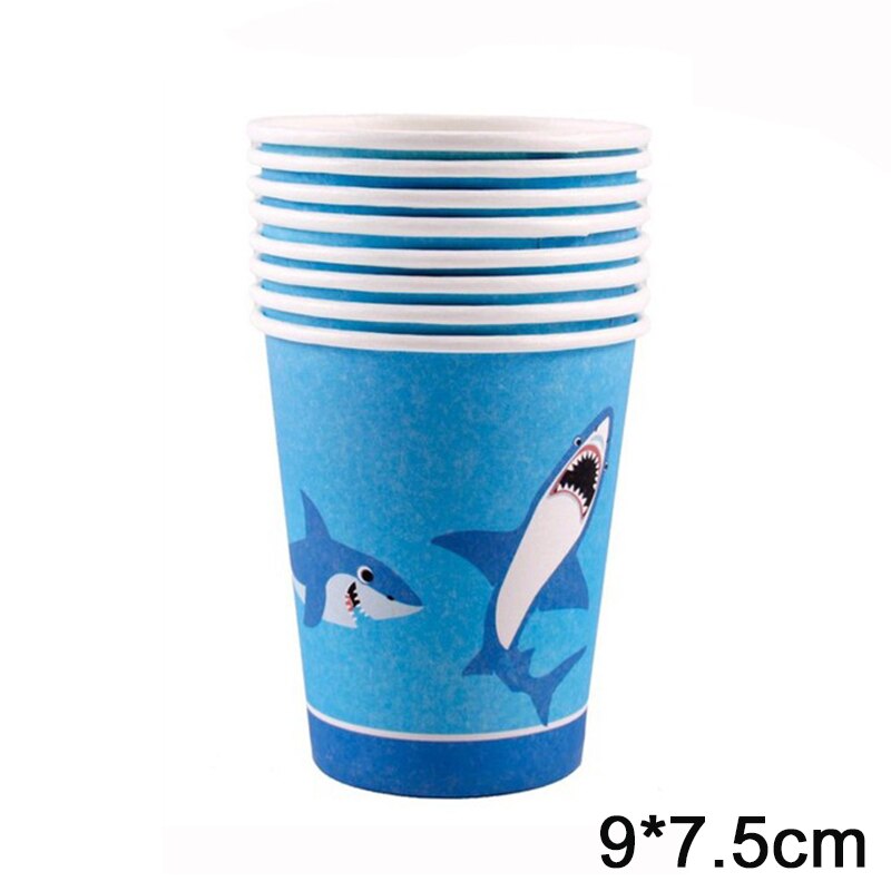 Ocean Shark Disposable Tableware Animal Pattern Paper Plates Cups Hanging Banners Ornaments Kids Birthday Party Supplies: 8pcs 250ml cups