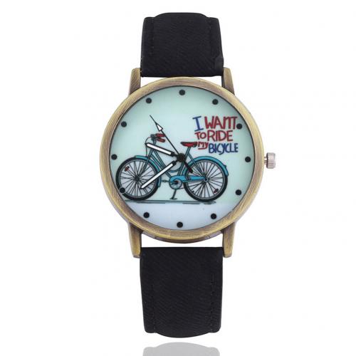 relojes de pulsera de Unisex Retro esfera redonda de cuarzo con patrón de bicicleta reloj de dibujos animados para mujer relojes de pulsera de cuero Vintage Casual: Black