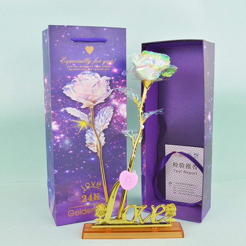 Glitterkleurige gouden rozendoos galaxy roos met liefdesbasis lichtgevende roos valentijn moederdag jubileum