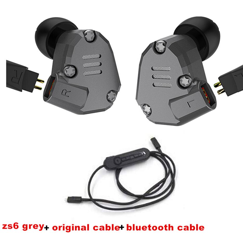 Kz ZS6 Grey Kleur 2DD + 2BA Hybrid In Ear Oortelefoon Hifi Dj Monito Running Sport Oortelefoon Oordopje Headset Metalen oordopjes Kz AS10: no mic bluetooth