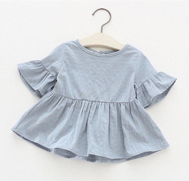 Summer Baby Girl's Cotton Flounced Sleeves round Neck Girl's Shirt Girl's Shirt: Sky Blue / 4T