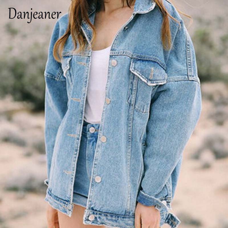 Danjeaner BF Wind Loose Large Size Denim Jacket Female Turn Down Collar Coat Casual Jean Jackets Frayed Pattern Basic Coat