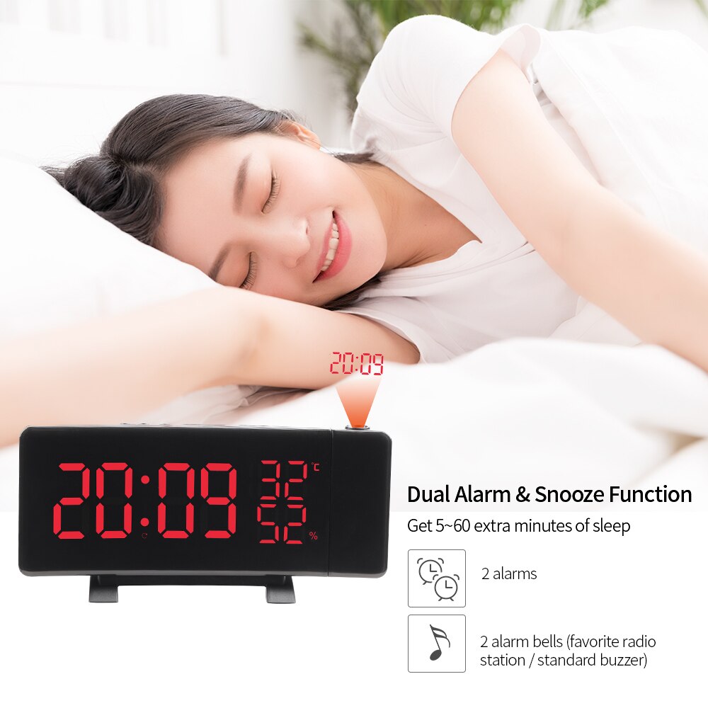 FM Radio Projection Alarm Clock With Dual Alarms Snooze Function 2 USB Charging Port Large Display Thermometer Sleep Timer Clock