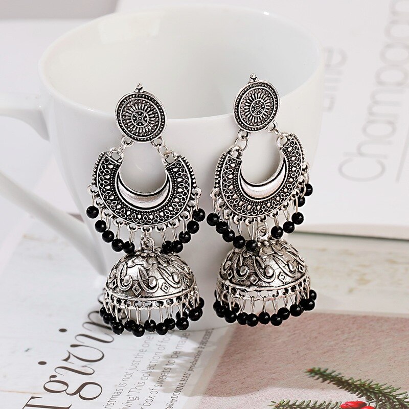 Ethnic Silver Color Gypsy Indian Earrings For Women Boho Jewelry Beads Bell Tassel Jhumka Earrings Ladies Retro Earrings