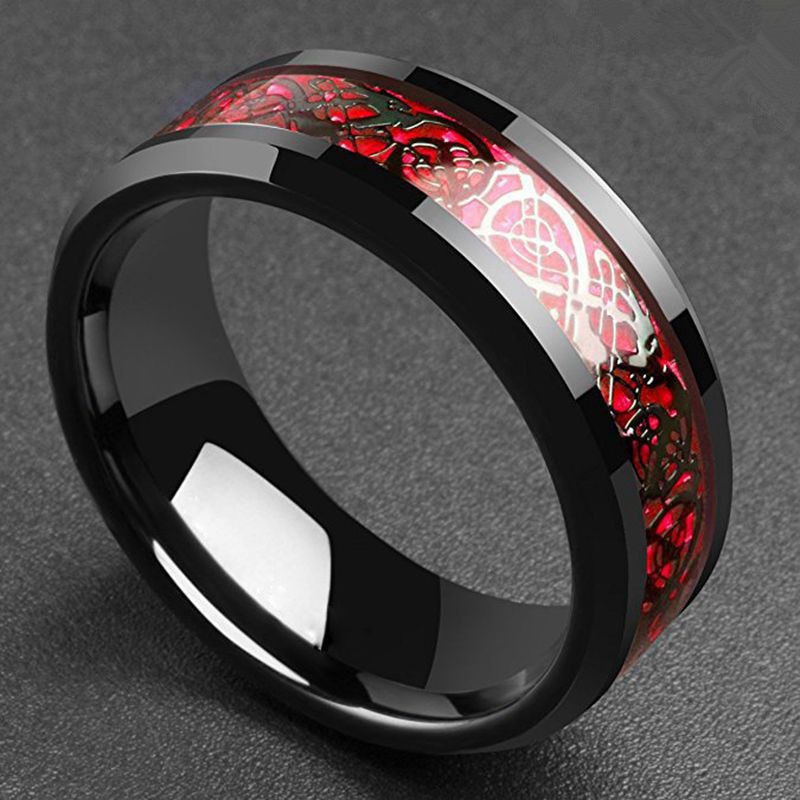 1PCS Dominierenden Mann Ring Rot Grün Carbon Fiber Schwarz Drachen Inlay Comfort Fit edelstahl Ringe für Männer Hochzeit band Ring