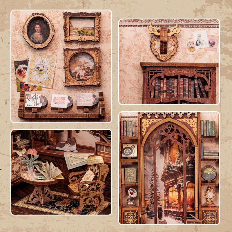CUTEBEE DIY Buchen Winkel Bausatz Miniatur-Puppenhaus aus Holz mit Licht, Bücherregal, Einsatz, Dekorationsmodell für , Buchhandlung, Erinnerungen