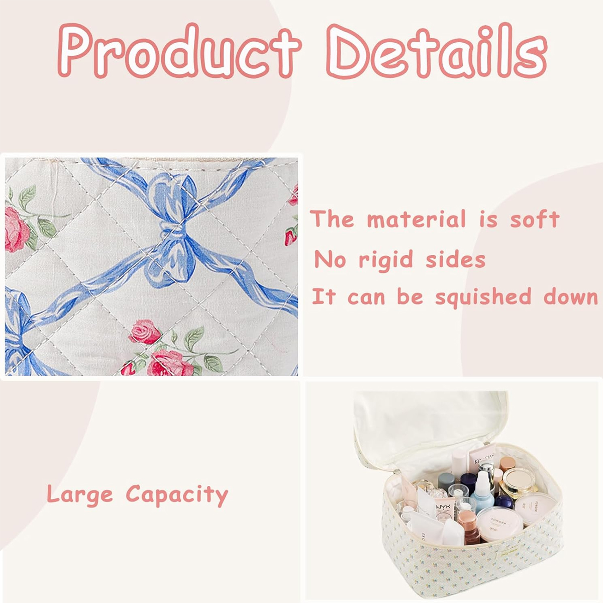 YANZAI 1 stks Vrouwen Reizen Handtas Katoen Make-up Tas Grote Capaciteit Cosmetische Pouch Bloemen Esthetische Toilettas Waszak Gewatteerde Stor