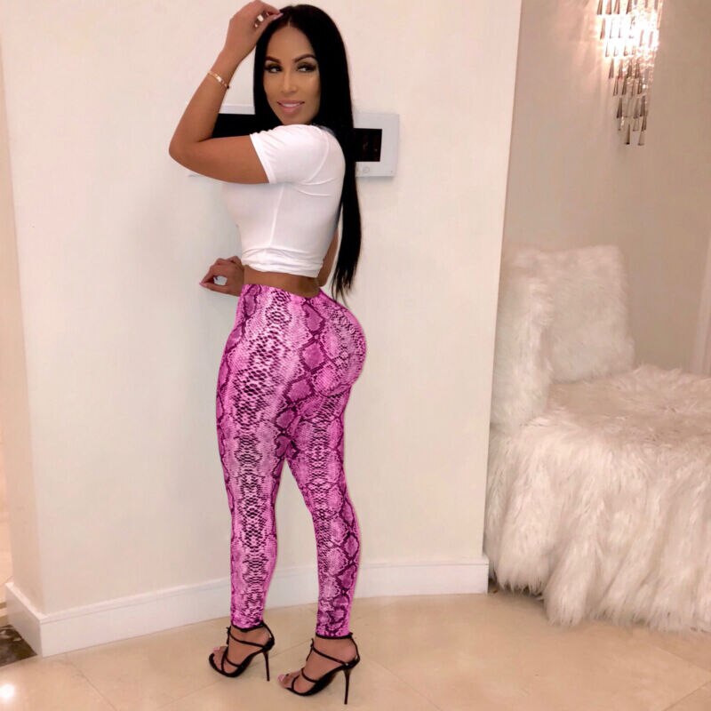 Womens Stretch Snakeskin Leggings Broek Grijs Geel Slangenprint Legging