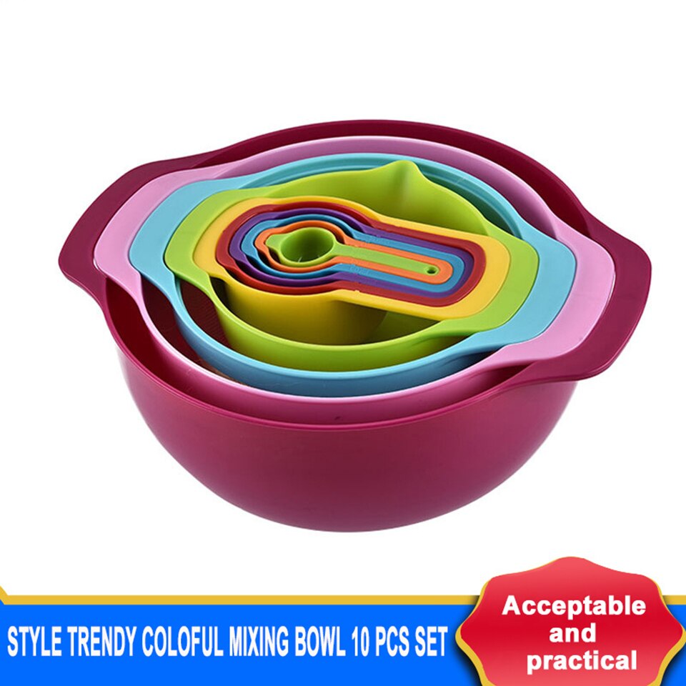 10 Pcs Mixing Bowls Set Nesting Bowls Stackable Measuring Cups Sieve Strainer Colander for Salad Cooking Baking Tool