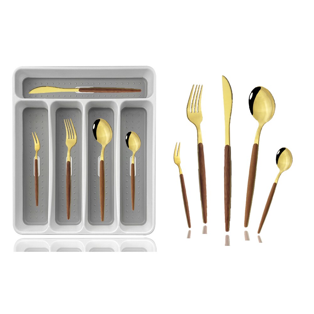 30Pcs Gold Bestek Set Houten Handvat Servies Rvs Servies Mes Vork Lepel Bestek Met Plastic Opbergdoos Lade: CBrown Gold Box