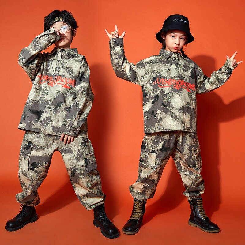 Ropa de de Hip Hop para niños, camisa de gran tamaño, parte de arriba, ropa informal de camuflaje, pantalones de camuflaje tácticos para niñas, traje de baile de Jazz