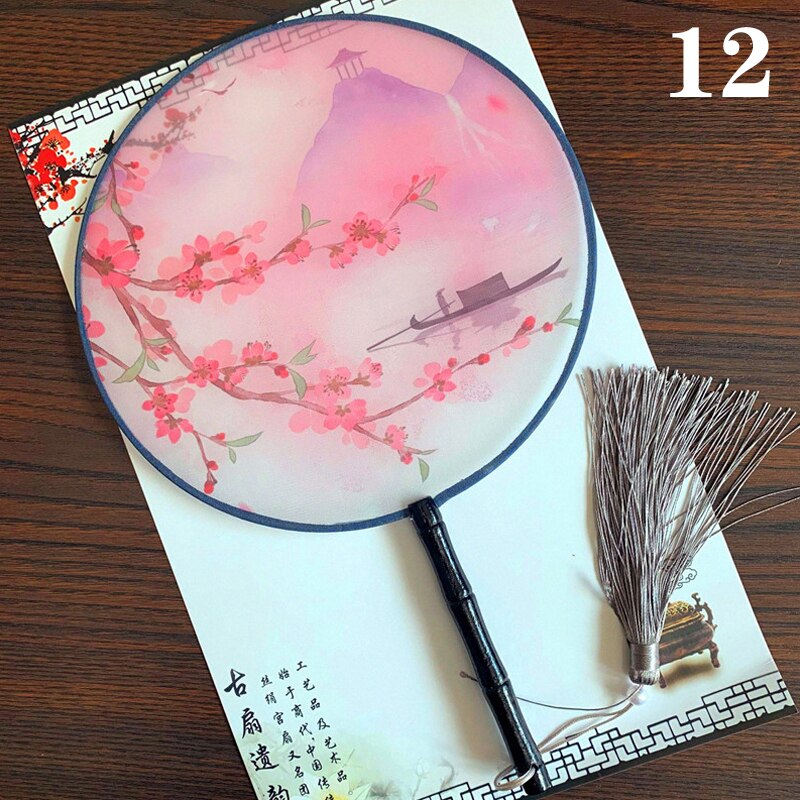 Hanfu Circular Fans Vintage Tassel Long Handle Ancient Chinese Style Court Dancing Round Fan Classical Printed Wedding Round Fan: 12