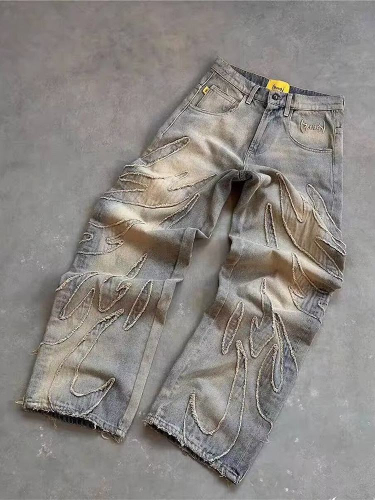 2024 Ropa Y2K Streetwear flamme broderie Baggy empilé jean pantalon pour hommes vêtements Harajuku Vintage femmes gothique Denim pantalon: XXXL / Beige