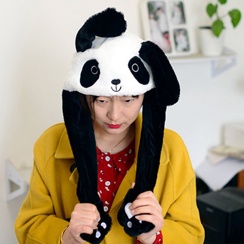 Barn vuxen kort plysch söt 3d tecknad panda djurhatt med rörliga öron dubbla krockkuddar tassar varm öronlock lock leksak fest rekvisita