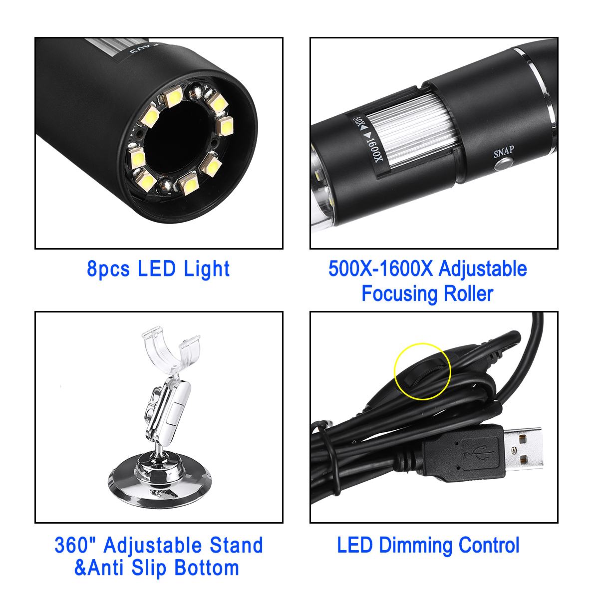0-1600X 2MP 3 in 1 USB Typ C LED Einstellbar Mikroskop Handheld Tragbaren Digitalen Mikroskop Schnittstelle Elektron 8 LEDs Halterung
