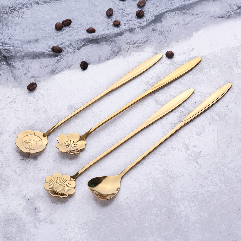 Gouden Bloem Scoop Japanse Roestvrij Staal Thee Prachtige Vergulde Lepel Roer Kleine Dessert Lepel Koffie Lepel