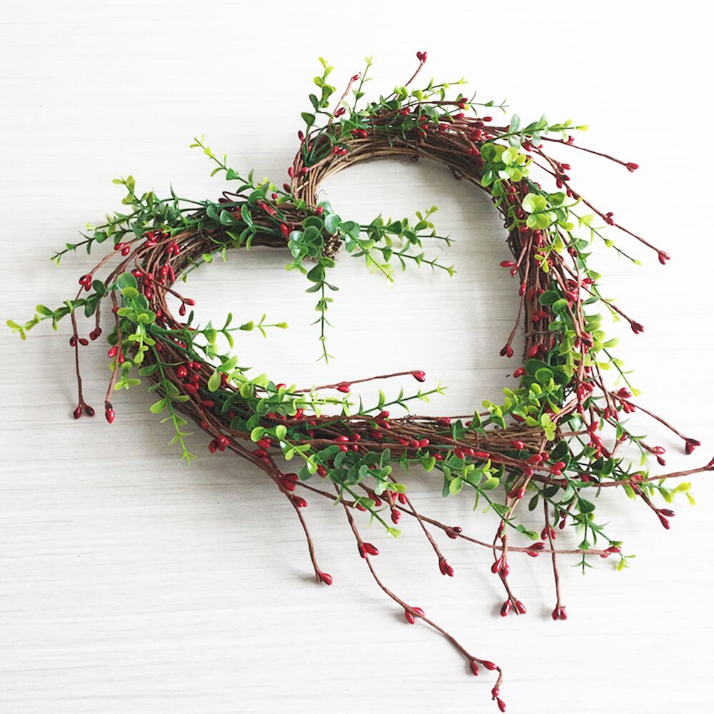 Handmade Natural Grapevine Wreath Rustic Twig Heart Wreath Red Berry Wreath for Valentine’s Day Wedding Party Christmas