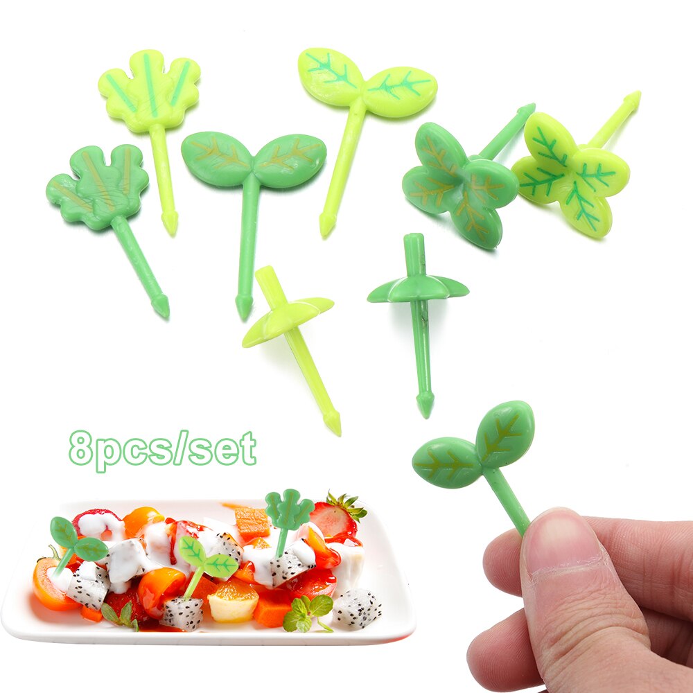 8pcs Fruit Fork Toothpick Leaves Plastic Decoration Lunch Box Bento Accessories Small Salad Tiny Fork Mini Cake Picks For Kids