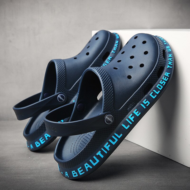 Blue Summer Sandals Men Outdoor Classic Beach Barefoot Shoes Black EVA Hole Shoes Sandals Men sandalias playa: Deep Blue / 42