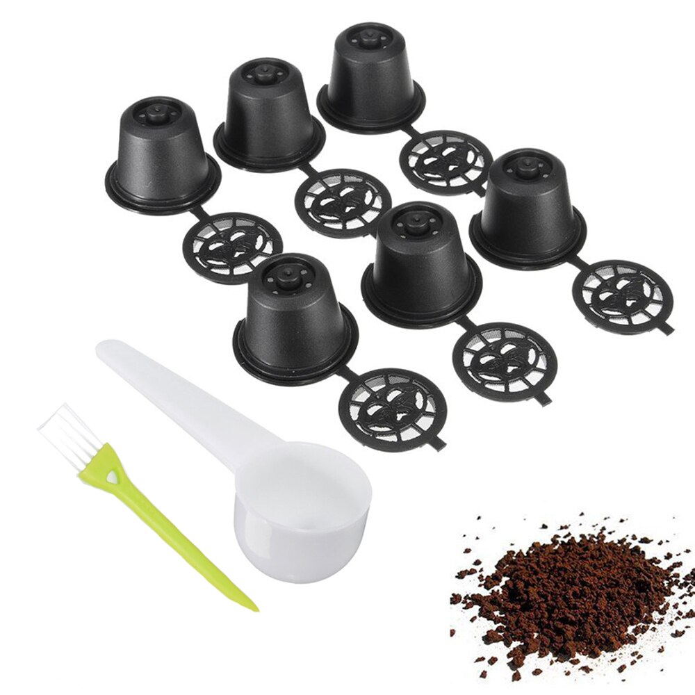 6 Stk/set Herbruikbare Nespresso Capsules Cup Met Lepel Borstel Zwart Navulbare Koffie Capsule Bijvullen Filter Coffeeware