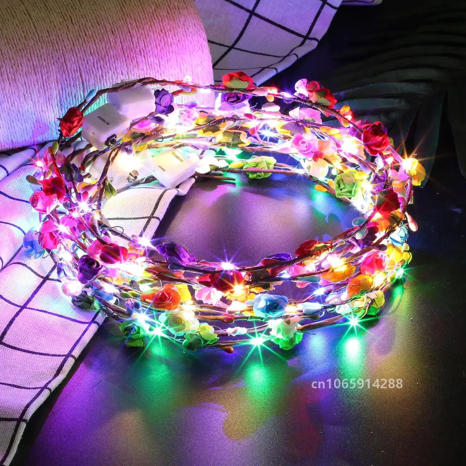 12Pcs LED Flower Crown Adjustable Flower Glow Color Nights Wreath Headband Garlands Birthday Party Wedding Baby Shower Decor