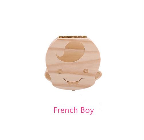 Tand Doos Engels Spaans Tekst Baby Jongen Meisje Fallen Opslag Natuurlijke Hout Case Besparen Melk Tanden Collection Organizer Houder: french boy